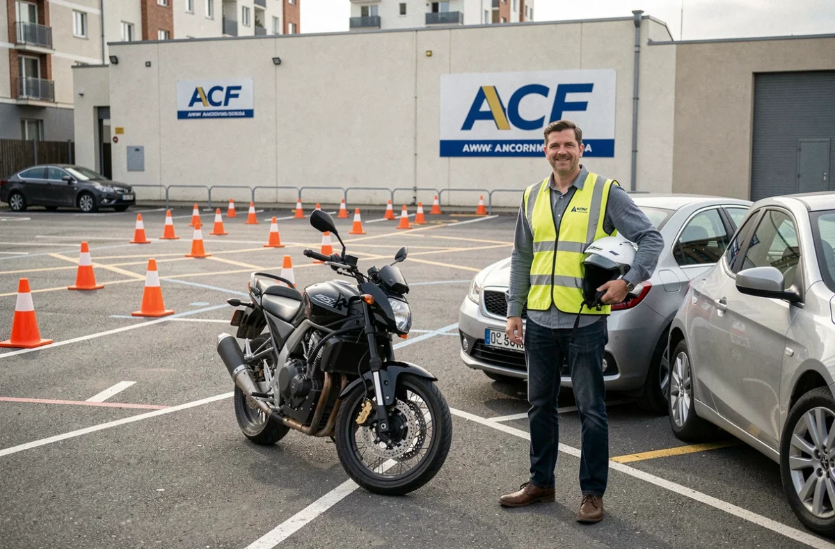 Moniteur de l'ACF Auto Moto École debout entre une moto et une voiture dans une aire d'entraînement avec des cônes