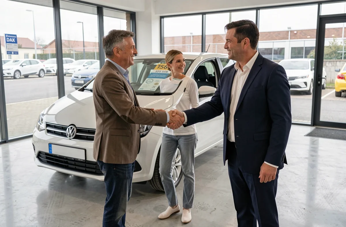 Couple finalisant l'achat d'une voiture d'occasion certifiée avec un vendeur professionnel en showroom