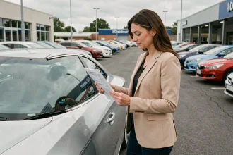 Femme examinant un rapport de contrôle technique lors de l'achat d'une voiture d'occasion en concession