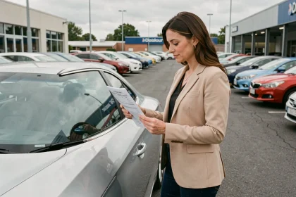 Femme examinant un rapport de contrôle technique lors de l'achat d'une voiture d'occasion en concession