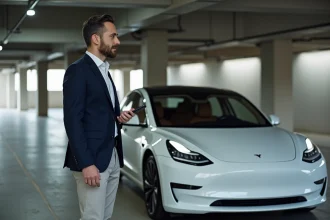 Homme d'affaires en blazer marine debout à côté d'une Tesla Model 3 blanche dans un parking souterrain