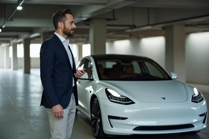 Homme d'affaires en blazer marine debout à côté d'une Tesla Model 3 blanche dans un parking souterrain