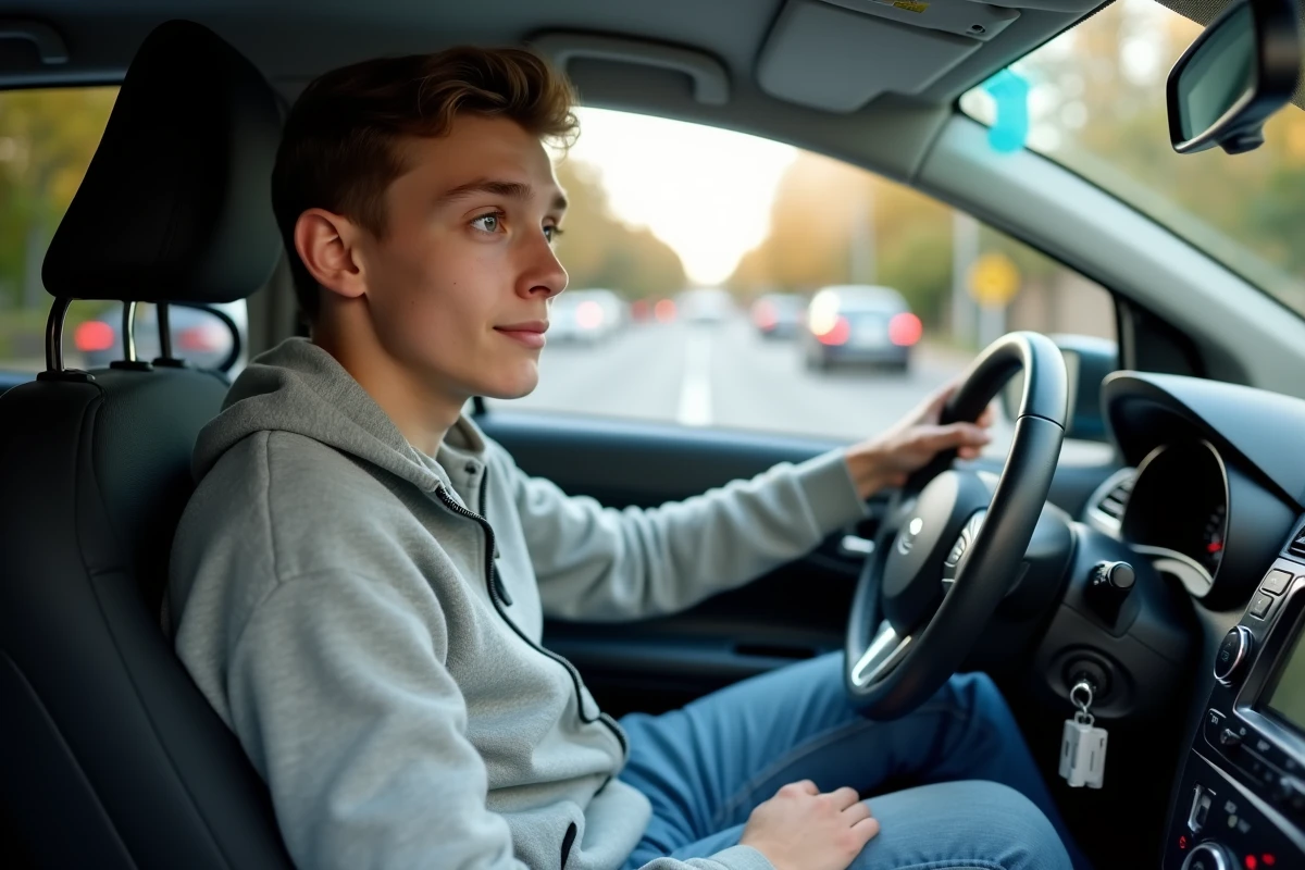 Adolescent en voiture lors d'une leçon de conduite, découvrant les règles du code de la route