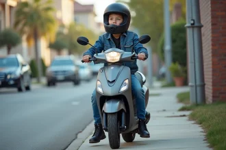 Adolescent d'environ 14 ans assis sur un scooter 50cc avec casque homologué dans une rue résidentielle urbaine