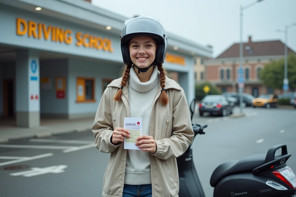 Jeune femme de 16 ans avec casque et permis AM devant une auto-école, à côté d'un scooter 50cc