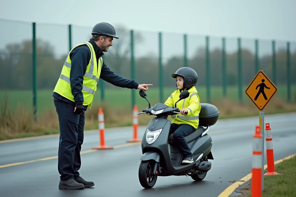 Moniteur d'auto-école enseignant le code de la route à un adolescent sur scooter dans un circuit de conduite pratique