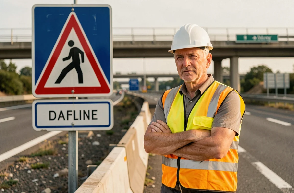 Agent de sécurité routière en gilet haute visibilité debout sur le bas-côté d'une autoroute gratuite française