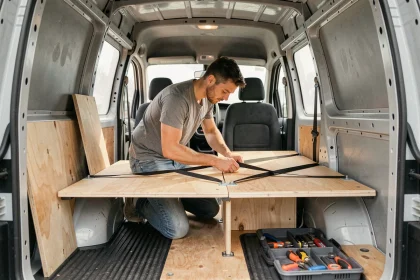 Homme installant une plateforme en bois dans un Renault Kangoo aménagé sans perçage de la carrosserie
