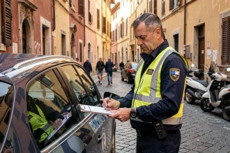Agent de police municipale italienne rédigeant un procès-verbal de stationnement dans une rue pavée de Rome