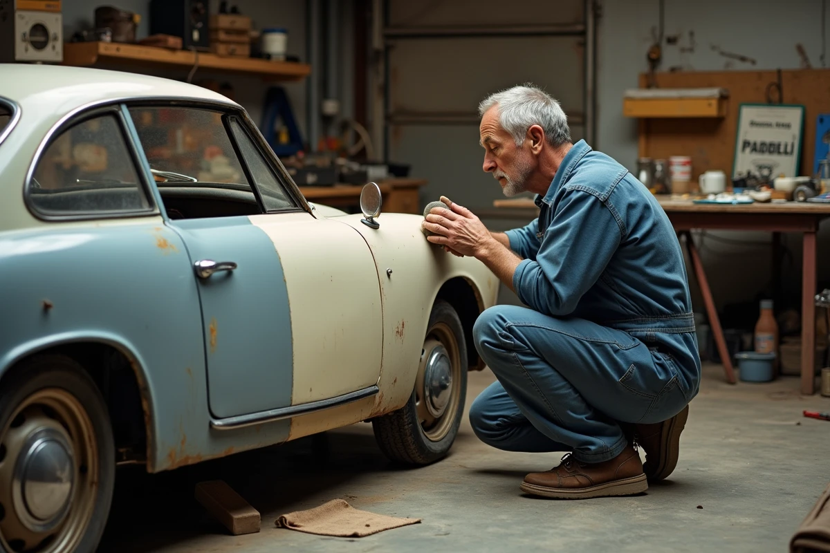Mécanicien restaurant une Peugeot 403 en atelier, carrosserie décapée et outils vintage, restauration authentique pour recréer la voiture de Columbo