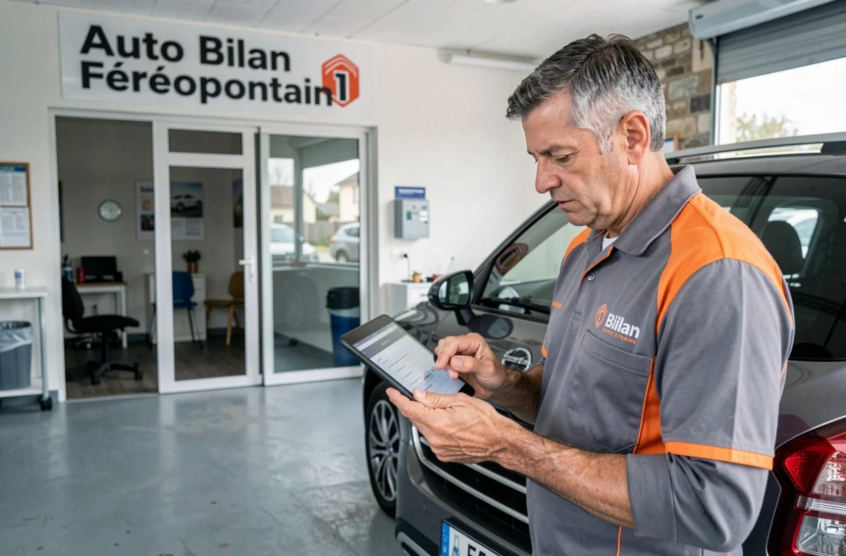 Technicien Auto Bilan Féréopontain complétant un formulaire de contrôle technique sur tablette numérique