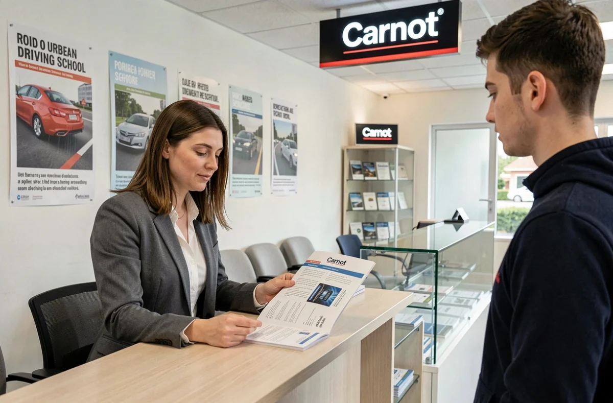 Intérieur de l'Auto École Carnot avec une monitrice et un élève examinant un livret de code de la route