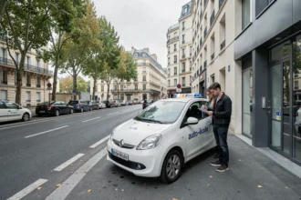 Scène de rue typique des Hauts-de-Seine avec une voiture d'auto-école et un moniteur face à un élève conducteur