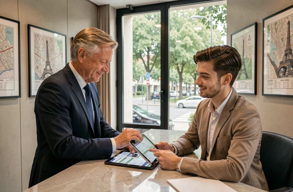 Moniteur de l'Auto-École Iéna en costume sombre consultant un planning sur tablette avec un élève dans un bureau moderne