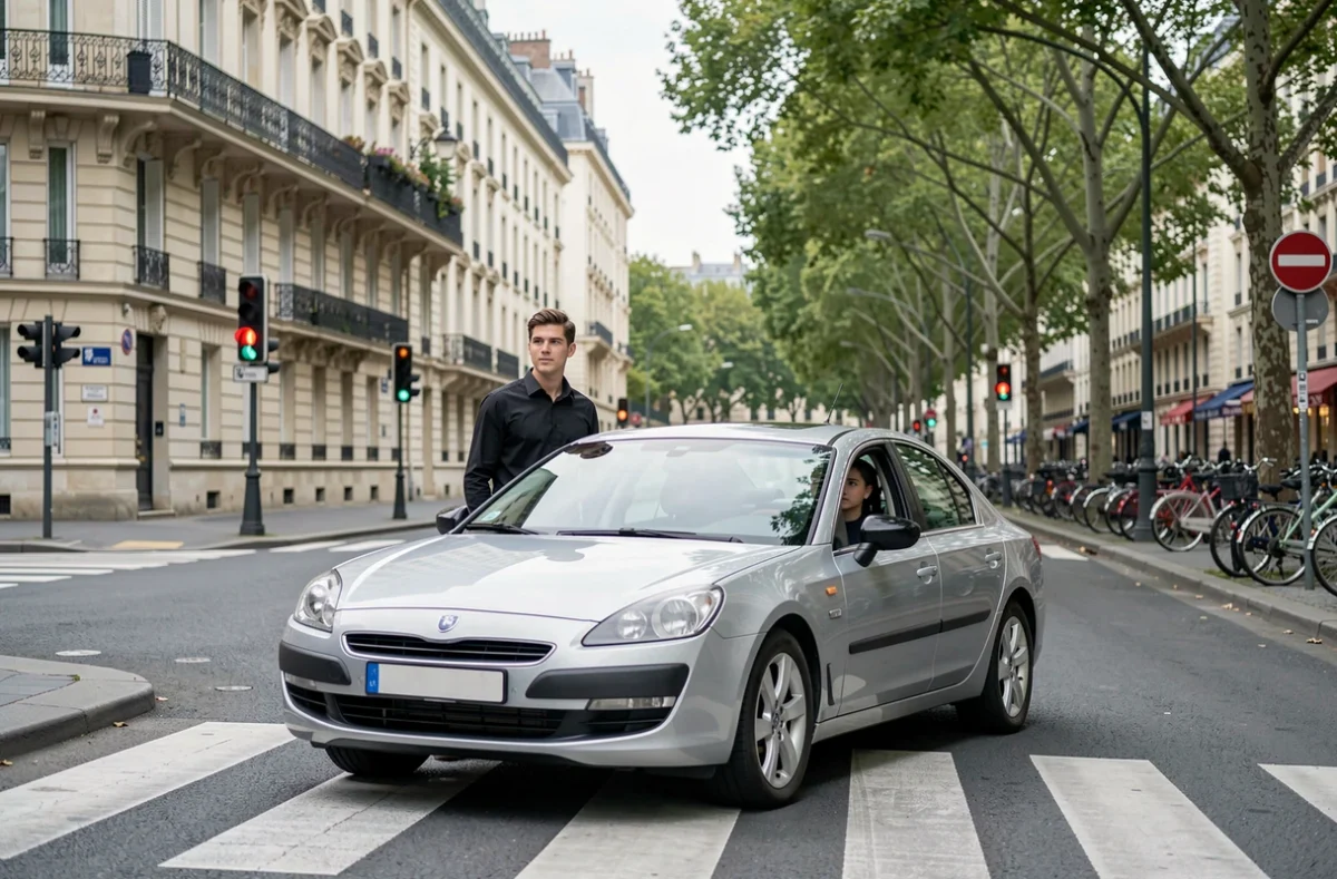 Moniteur de l'Auto-École Newton Levallois et un élève debout à un passage piéton dans une rue typique de Levallois-Perret