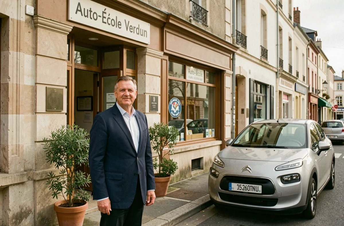 Moniteur de l'Auto-École Verdun debout devant l'entrée de l'établissement avec une voiture double-commande garée à proximité