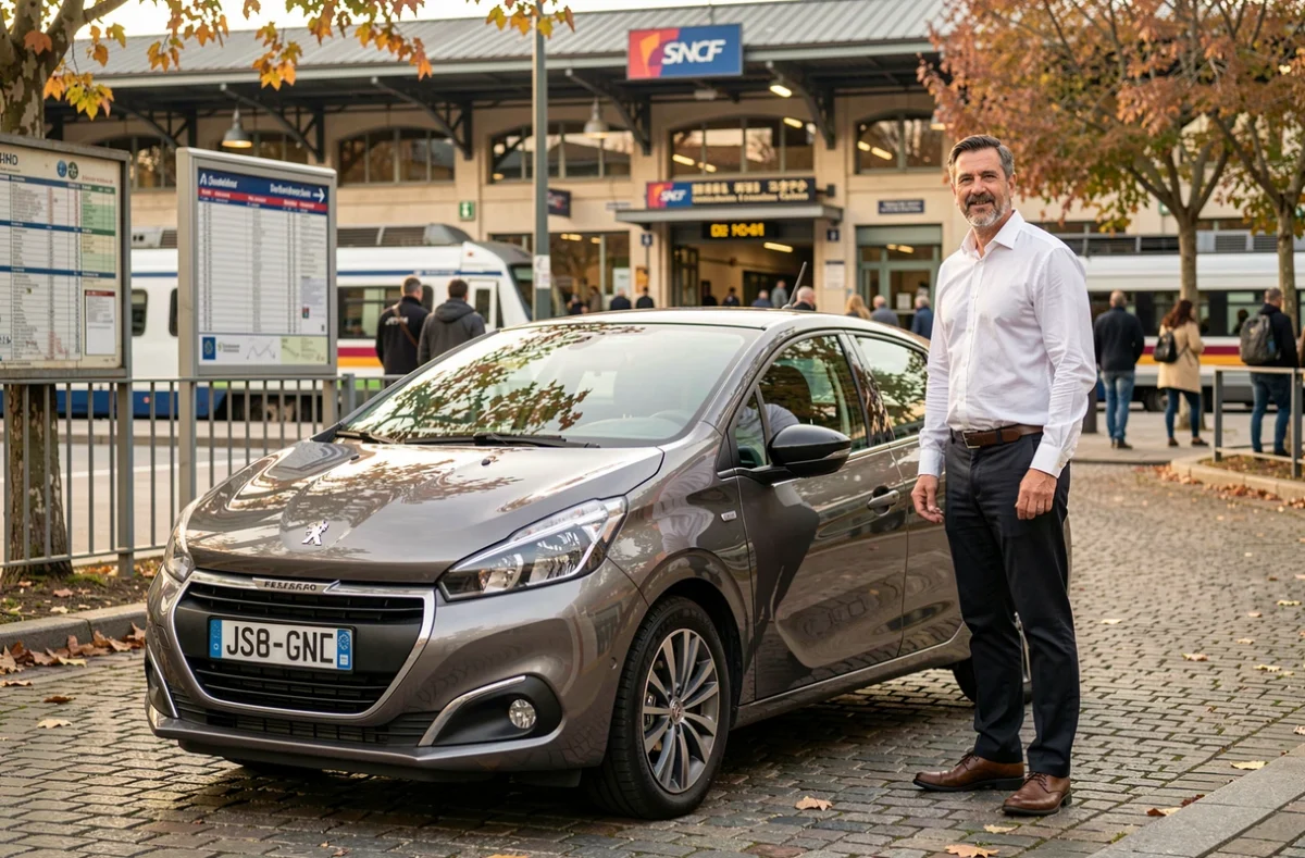 Moniteur de l'Auto Moto École de la Gare debout près d'une voiture double-commande devant une entrée de gare