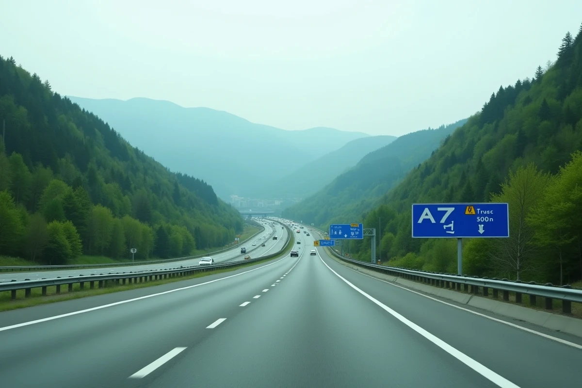 Vue panoramique d'une autoroute française traversant la vallée du Rhône avec signalisation routière bleue et paysage verdoyant