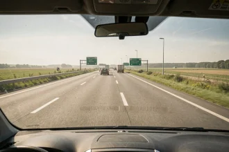 Vue depuis l'intérieur d'un véhicule sur une section d'autoroute gratuite en France avec signalisation et trafic clairsemé