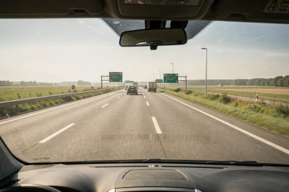 Vue depuis l'intérieur d'un véhicule sur une section d'autoroute gratuite en France avec signalisation et trafic clairsemé