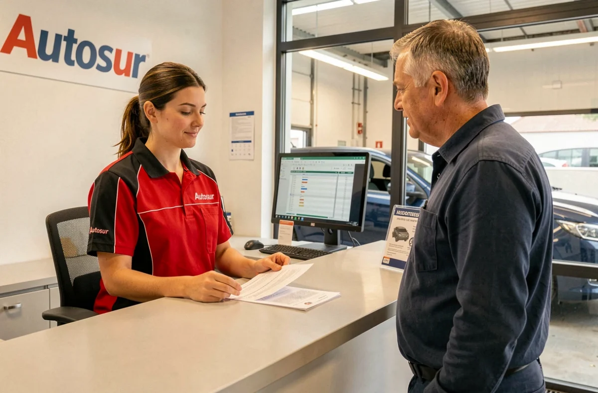 Technicienne Autosur à Chelles remettant le rapport de contrôle technique à un client à l'accueil