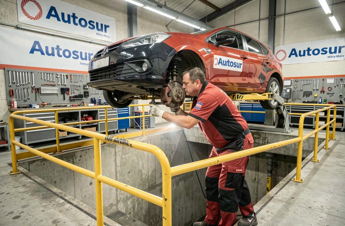 Technicien Autosur à Mitry-Mory inspectant la direction et la suspension d'un véhicule au-dessus d'une fosse