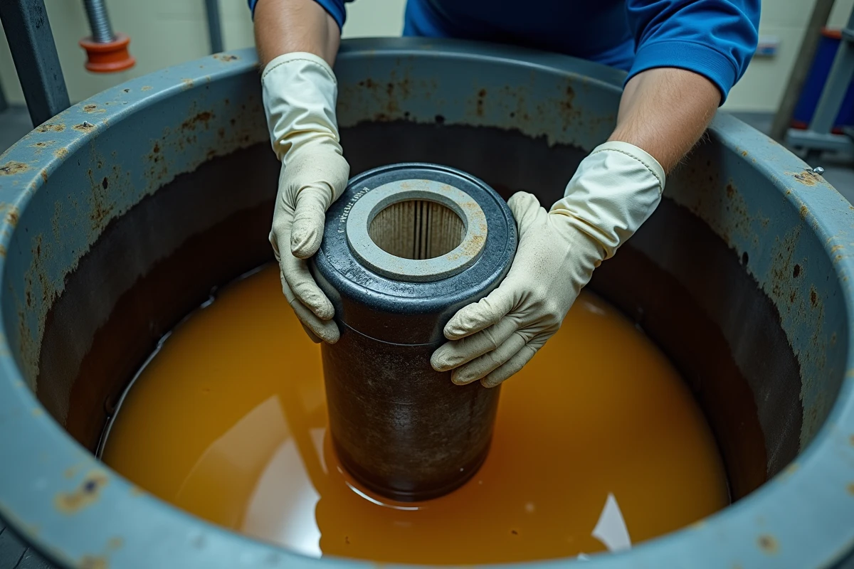 Filtre à particules diesel immergé dans un bain de nettoyage chimique industriel pour décontamination du système antipollution