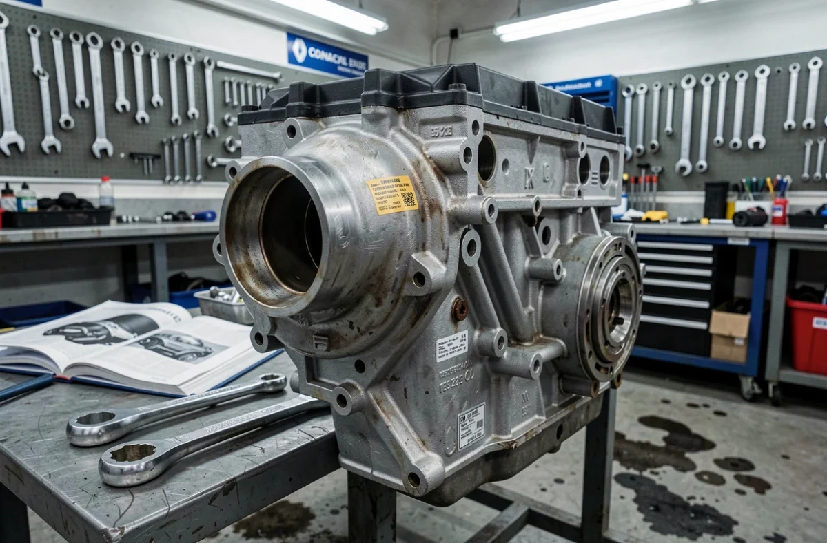 Gros plan sur un bloc moteur diesel 1.5 dCi Renault posé sur un support d'atelier