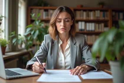 Femme consultant son contrat d'assurance auto pour vérifier la conservation du bonus malus après résiliation