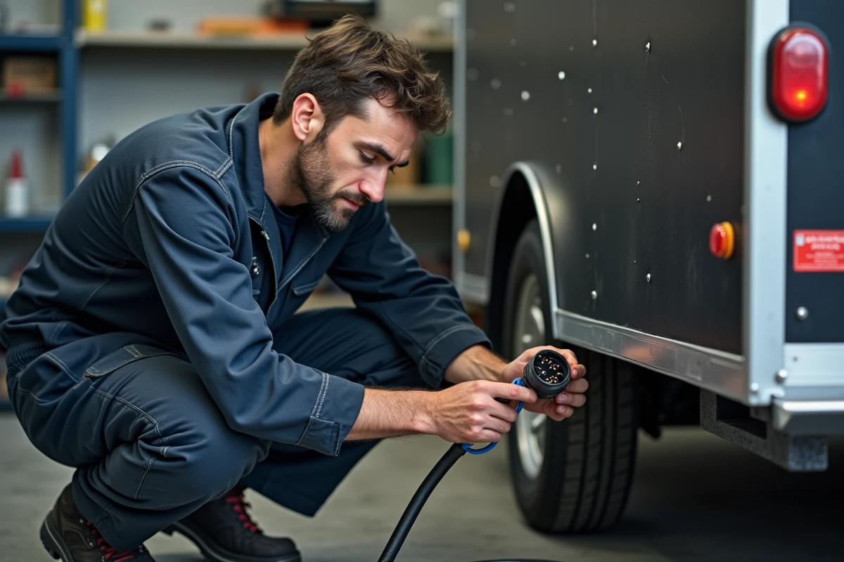 Mécanicien branchant le connecteur électrique 7 broches d'une remorque fermée dans un atelier automobile