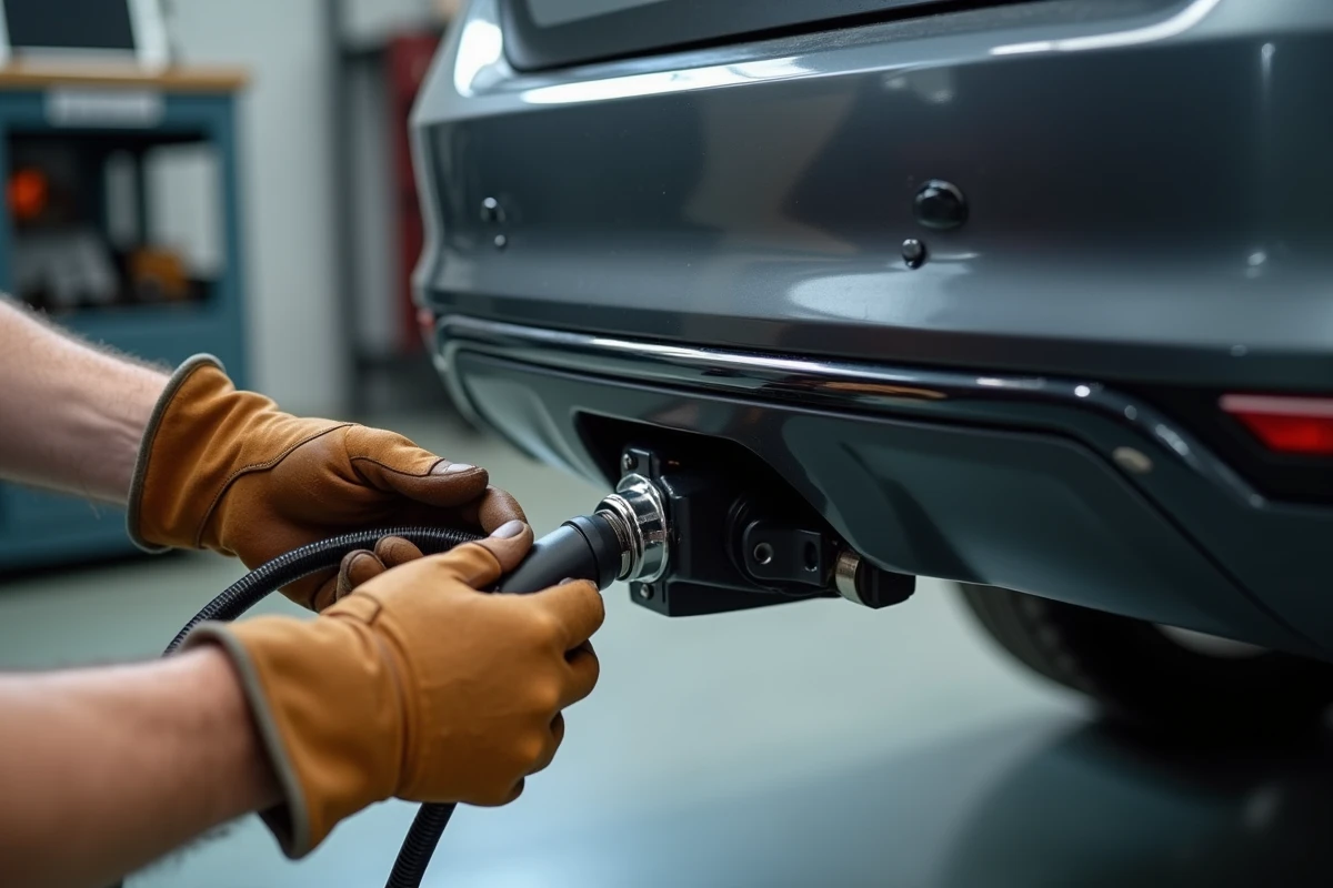 Gros plan sur le branchement électrique d'un attelage de remorquage sur voiture break