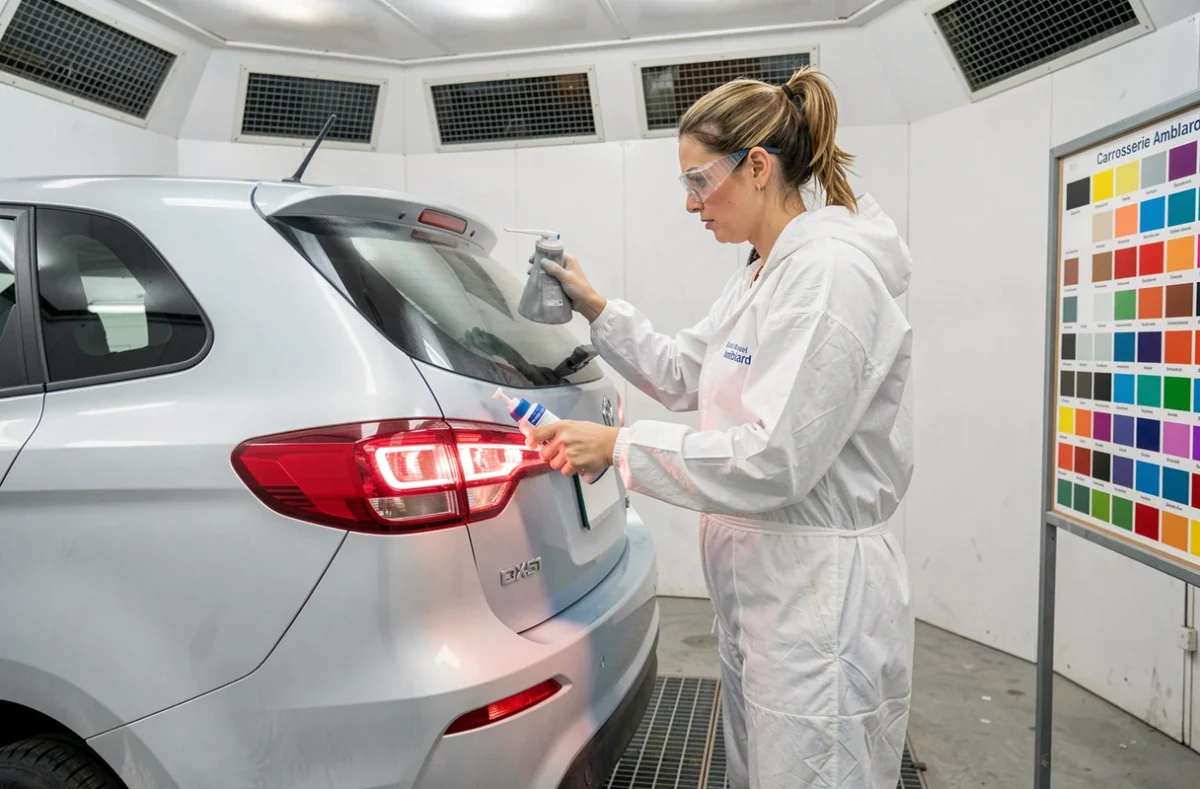 Spécialiste en carrosserie appliquant de la peinture sur un véhicule chez Carrosserie Amblard à Gerzat