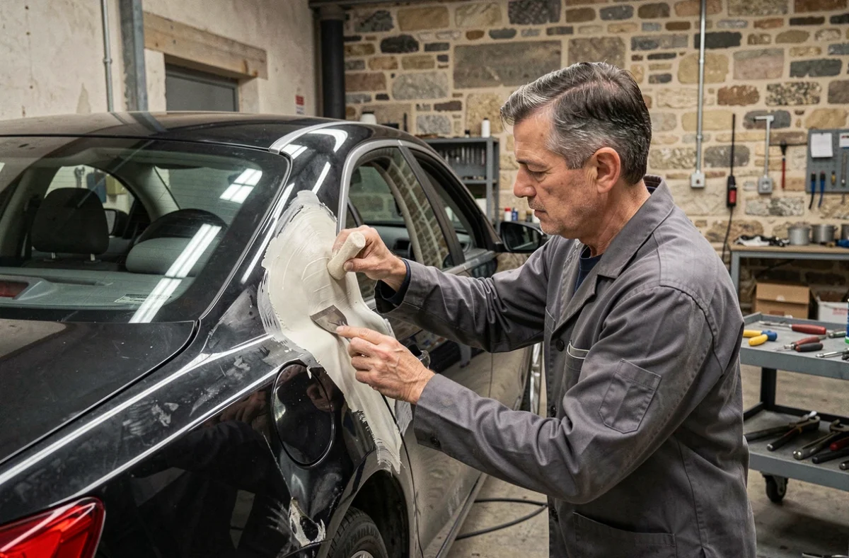 Carrossier appliquant du mastic sur un panneau endommagé chez Carrosserie Desmartin à Thiers