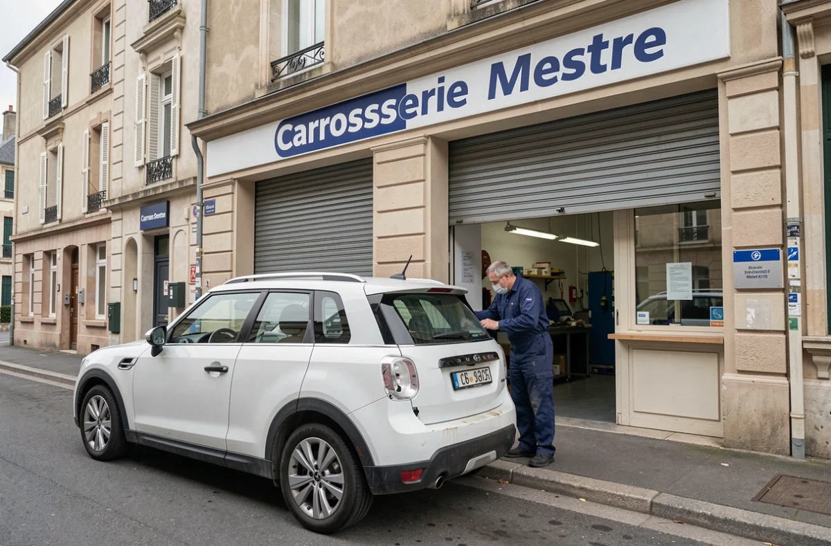 Façade de l'atelier Carrosserie Mestre à Clermont-Ferrand avec un mécanicien inspectant un véhicule