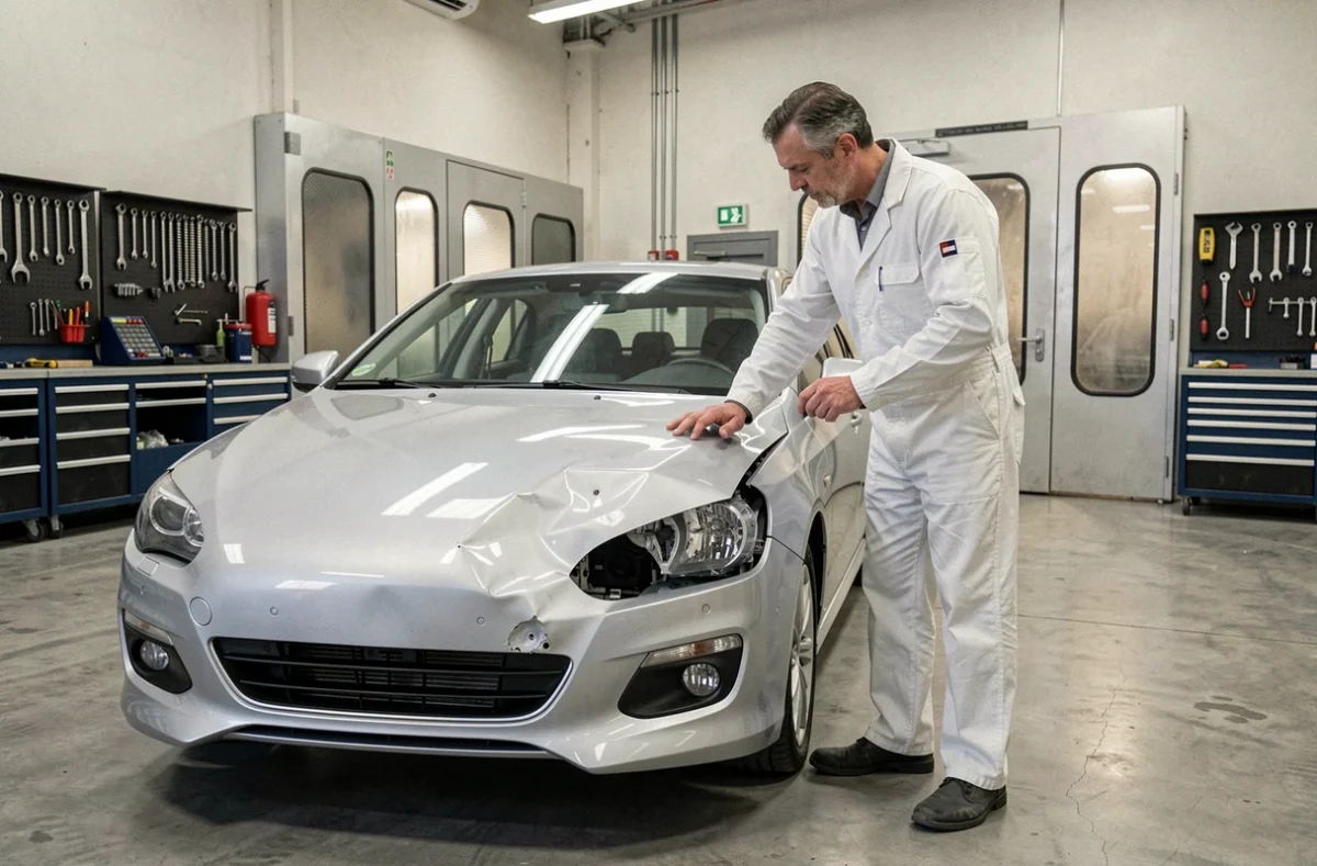 Technicien spécialiste collision inspectant une carrosserie endommagée à la Carrosserie Tey à Montpellier