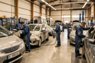 Vue d'ensemble d'un atelier de carrosserie automobile dans l'Hérault avec plusieurs véhicules en cours de réparation