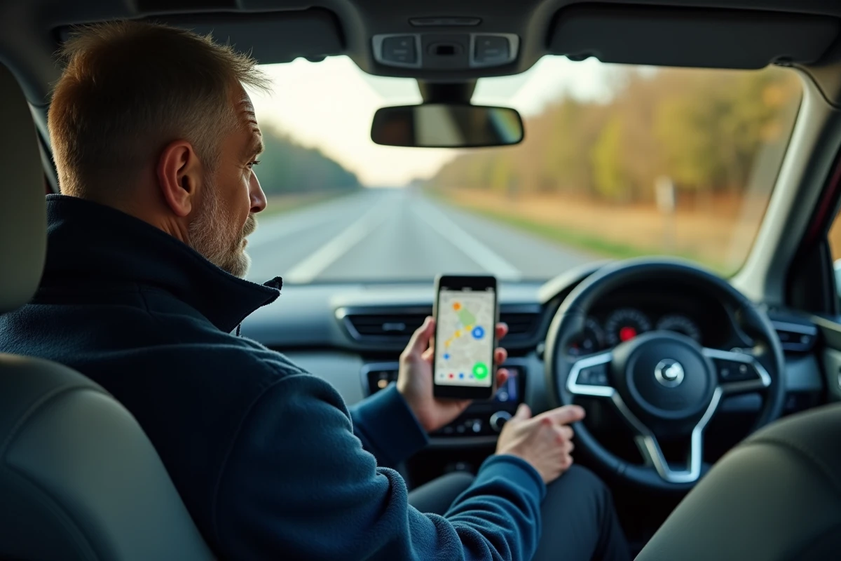 Homme consultant une carte des autoroutes de France sur smartphone depuis l'intérieur d'une voiture garée