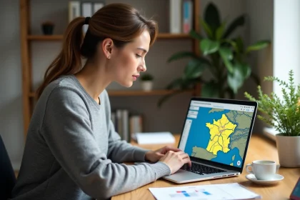 Femme consultant une carte interactive des autoroutes de France sur un ordinateur portable à son bureau à domicile