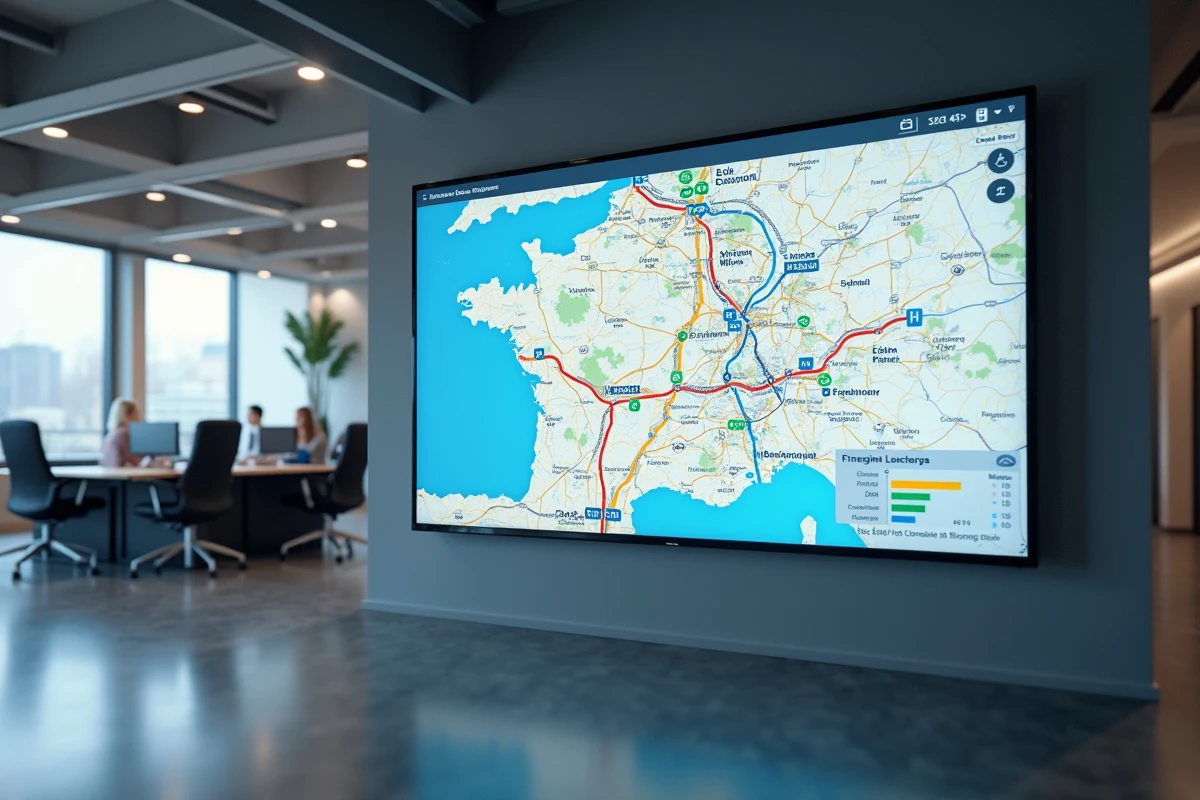 Écran mural affichant une carte interactive du réseau autoroutier français dans un bureau professionnel moderne