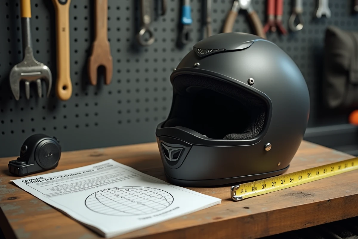 Casque de moto posé sur un établi avec un mètre ruban et un guide de tailles pour illustrer les problèmes d'ajustement et de douleur