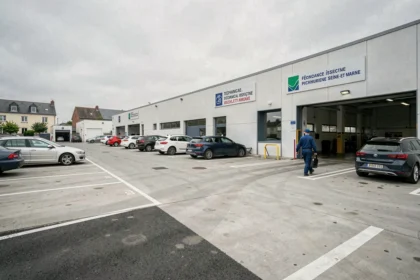 Vue d'ensemble d'un centre de contrôle technique en Seine-et-Marne avec des voitures en attente d'inspection