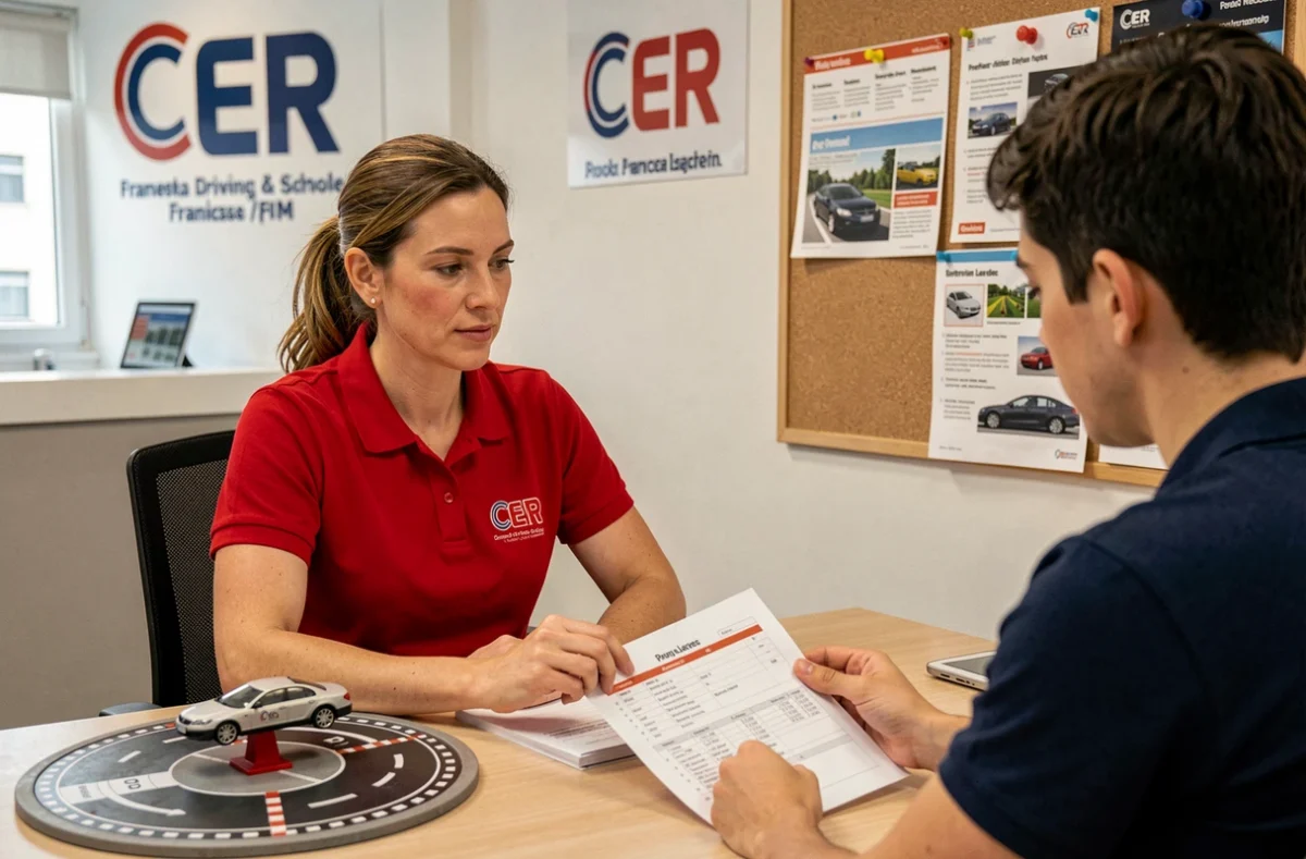 Monitrice du CER Point Conduite 2 en polo rouge expliquant un plan de leçon à un élève assis en face d'elle