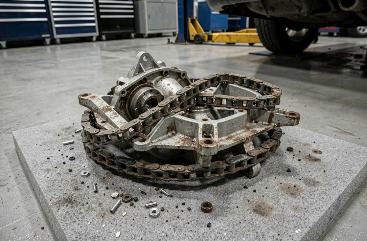 Chaîne de distribution BMW N47 usée avec guides abîmés et maillons étirés retirés du moteur