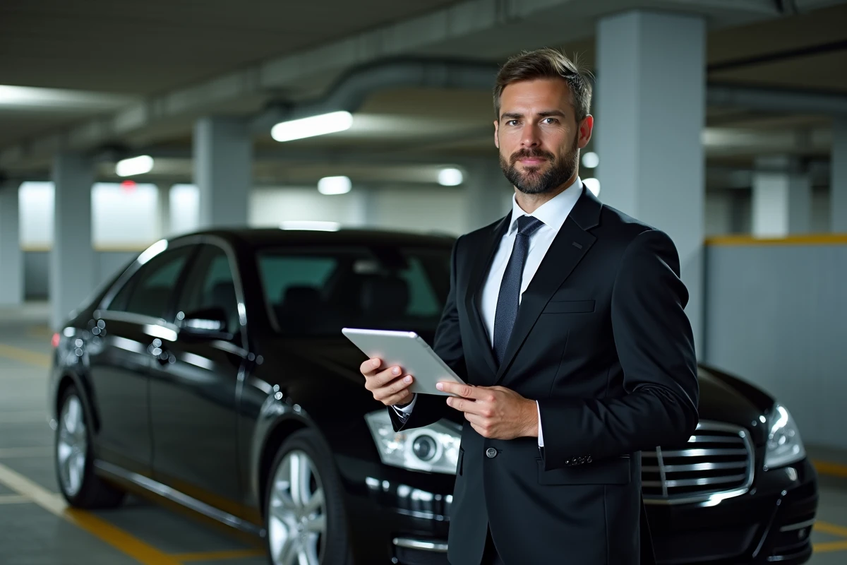 Chauffeur VTC professionnel devant sa berline noire avec tableau de bord de rentabilité