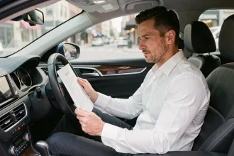 Chauffeur VTC lisant un document administratif dans son véhicule noir en ville