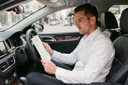 Chauffeur VTC lisant un document administratif dans son véhicule noir en ville