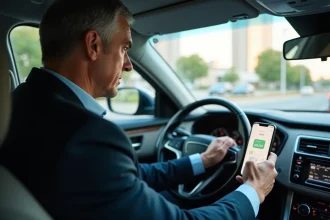 Chauffeur VTC professionnel consultant ses revenus sur smartphone dans sa voiture