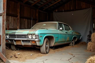 Chevrolet Impala 4 portes de 1967 couverte de poussière découverte dans une grange en bois abandonnée, avec patine d'origine et pneus à plat