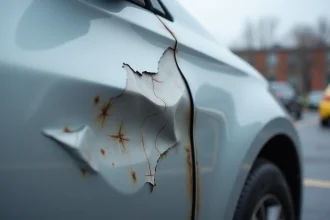Choc sur la carrosserie d'une voiture avec déformation de la tôle et peinture écaillée sur une portière de berline argentée