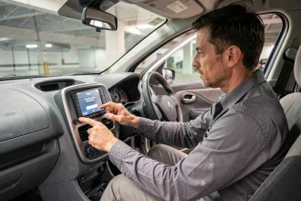 Homme entrant le code radio sur l'autoradio d'une Renault Clio 3 après un changement de batterie